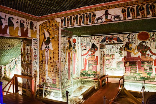 Explore the vivid ancient Egyptian tomb artistry in Valley of the Queens, showcasing historic Egyptian culture.