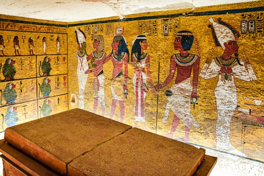 Detailed wall paintings inside the tomb of Tutankhamun featuring Egyptian mythology and art.