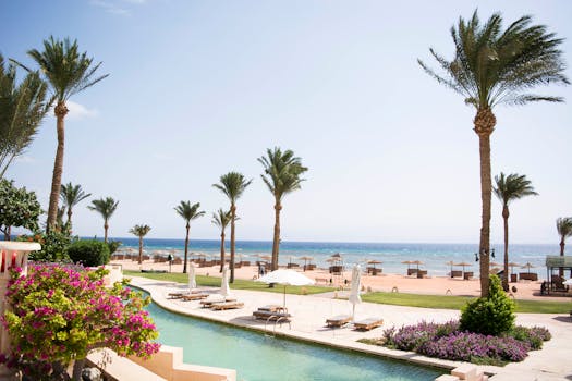 Stunning seaside resort with palm trees and a swimming pool in Taba, Egypt.